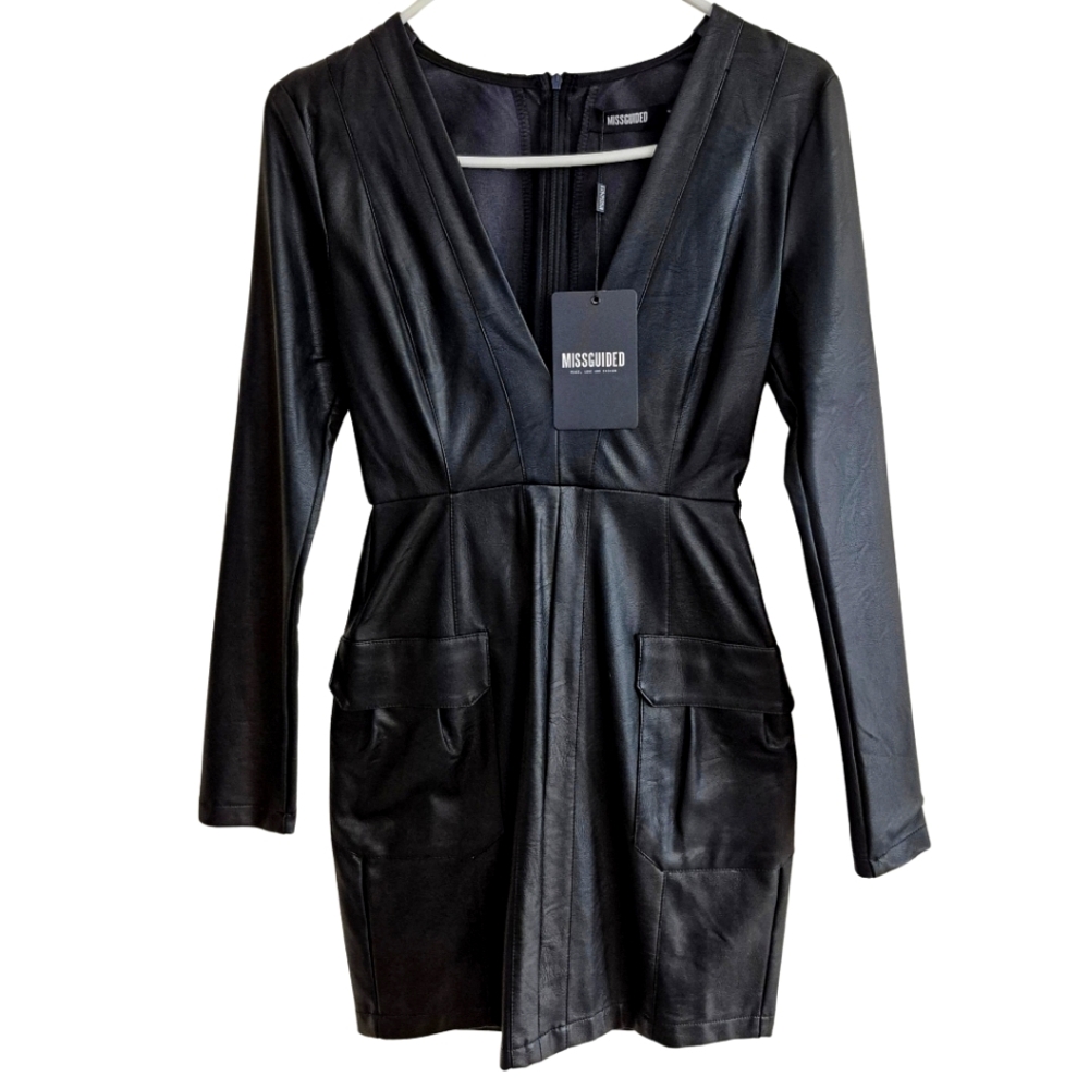 NEW WITH TAGS Missguided Black V-Neck Leather Dress Size 4